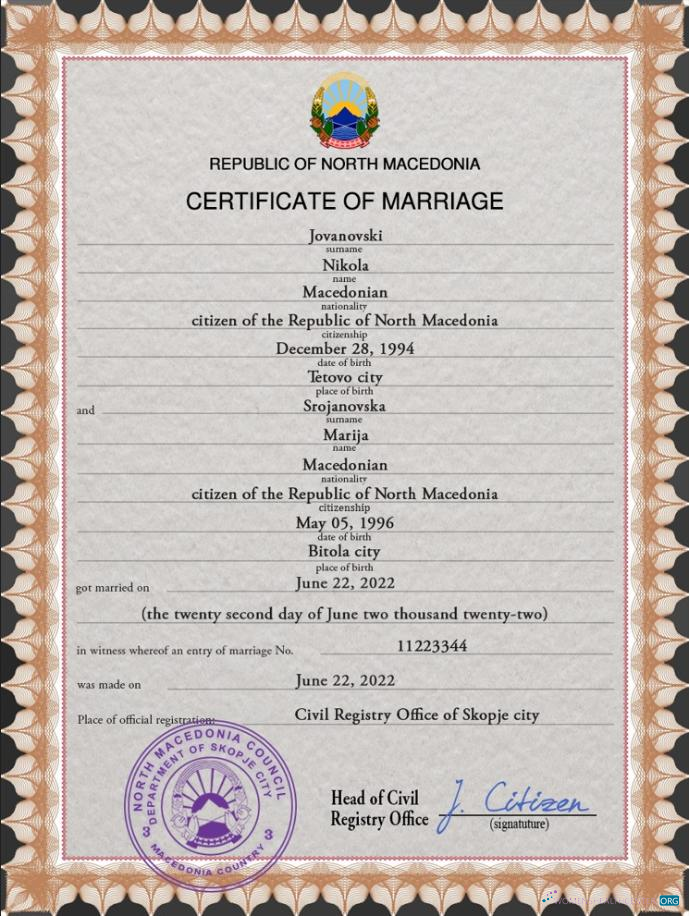 Download North Macedonia marriage certificate PSD template Photoshop template